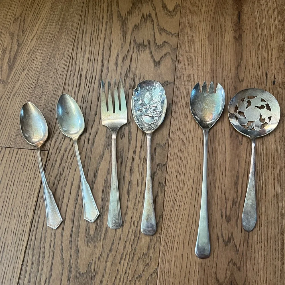 Vintage Silver plated serving fork and Spoons